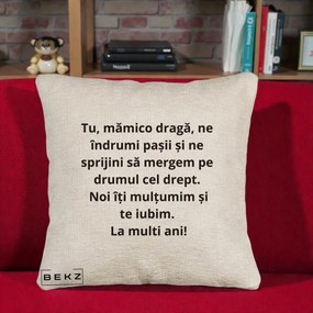 Cadou pentru Mama - Perna Personalizata Mamico Draga Te Iubim La Multi Ani cu Text Negru, 40x40 cm, Bej Canapea, Husa Detasabila, Perna Inclusa, BEKZ®