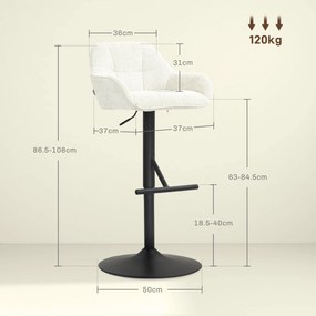 HOMCOM Lot de 2 taburete de bar, scaune de bar, înălțime reglabilă, material textil efect in și bază din oțel, 52,5 x 53 x 86,5-108 cm, crem | Aosom Romania