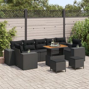 vidaXL Set de Canapea pentru Grădină , 10 Piese cu Perne, Ratan Poly Negru și Acacia