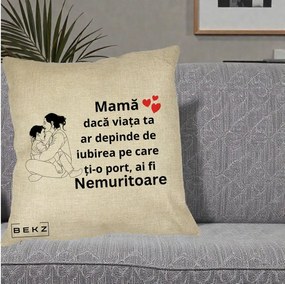 Cadou pentru Mama - Perna Personalizata Mama Nemuritoare Kawaii, 40x40 cm, Crem, Husa Detasabila, Perna Inclusa, BEKZ®