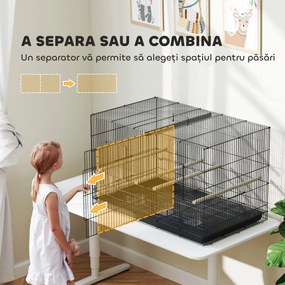 PawHut Colivie pentru Păsări cu Separator, Raft Inferior, 4 Stinghii și 4 Hrănitoare, 94x57x57 cm, Negru | Aosom Romania