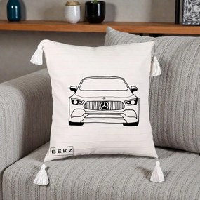 Perna Personalizata Mercedes-Benz Fata Linie, 40x40 cm, Bej cu Franjuri, Husa Detasabila, Perna Inclusa, BEKZ®