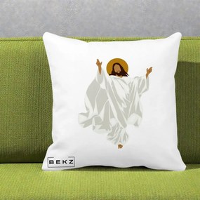 Perna Decorativa Iisus Hristos Invierea Silueta Minimalista, 40x40 cm, Alba Mata, Husa Detasabila, Perna Inclusa, BEKZ®