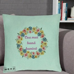 Cadou pentru Bunica - Perna Personalizata Cea Mai Buna Bunica Coronita Flori Multicolore, 40x40 cm, Verde Menta, Husa Detasabila, Perna Inclusa, BEKZ®