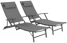 Outsunny Set de 2 Șezlonguri Pliante, Ajustabile în 4 Poziții cu Cotiere și Perne, 64x154x87 cm, Gri | Aosom Romania