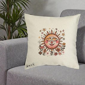 Perna Decorativa Soare Retro Boho Floral, 40x40 cm, Ecru, Husa Detasabila, Perna Inclusa, BEKZ®