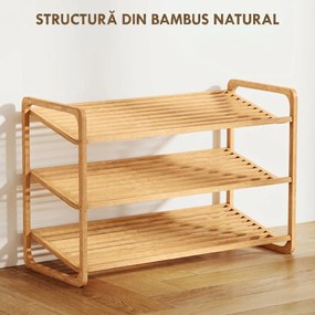 HOMCOM Etajeră pentru pantofi cu 3 rafturi pentru 12 perechi de pantofi din bambus 76x33x50.8 cm | Aosom Romania