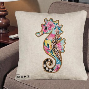 Perna Decorativa Calut de Mare Glitter Tropical, 40x40 cm, Bej Canapea, Husa Detasabila, Perna Inclusa, BEKZ®