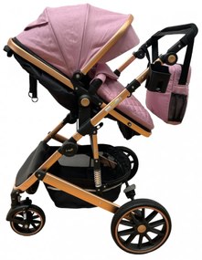 Carucior 3 in 1 cu scoica auto, transformabil, reversibil, cu roti cauciuc, 0-36 luni - CPC-37-roz