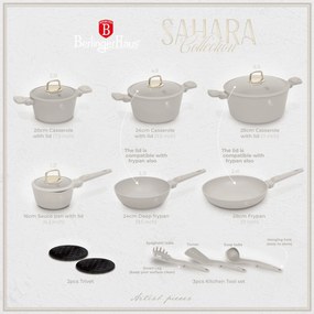 Set oale si tigai cu capace 15 piese Sahara Collection Berlinger Haus BH 8081, crem, antiaderente, curatare usoara, inductie, design elegant, premium