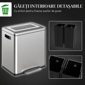 HOMCOM Coș de Gunoi cu 2 Secțiuni de 15L cu Pedală și Capac cu Închidere Lină, 40x34,8x47,5 cm, Argintiu | Aosom Romania