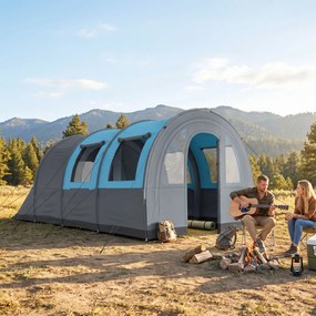 Outsunny Cort de Camping Impermeabil, Cort cu 5 Locuri, Zonă Separată de Dormit și Living, 480x260x200 cm, Gri și Albastru | Aosom Romania