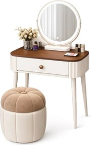 Set LUMIÈRE – Masă de Toaletă pentru Machiaj, cu Oglindă iluminată LED, Control Touch, Taburet, Alb, 60x40x77 cm