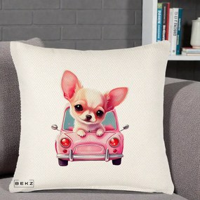 Perna Decorativa Chihuahua Roz in Masinuta, 40x40 cm, Crem Reliefat, Husa Detasabila, Perna Inclusa, BEKZ®