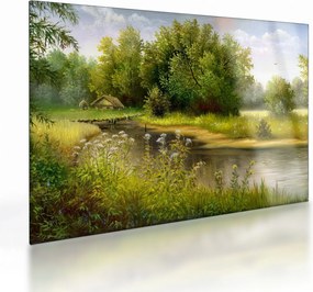 Tablou pe sticlă - Râu lângă pădure, pictură în ulei (70x50 cm)