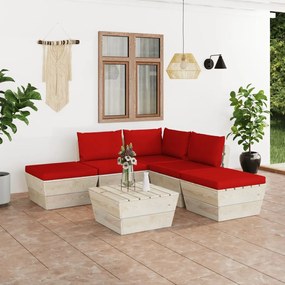 Set mobilier gradina din paleti cu perne, 6 piese, lemn molid Rosu, colt + 2x mijloc + masa + 2x suport pentru picioare, 1