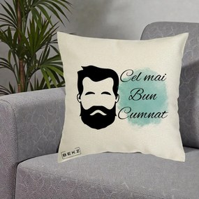 Cadou pentru Cumnat - Perna Personalizata Cel mai Bun Cumnat cu Portret Barbat si Pete Teal, 40x40 cm, Ecru, Husa Detasabila, Perna Inclusa, BEKZ®