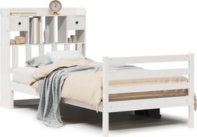 vidaXL Pat cu bibliotecă fără saltea, alb, 90x190 cm, lemn masiv pin