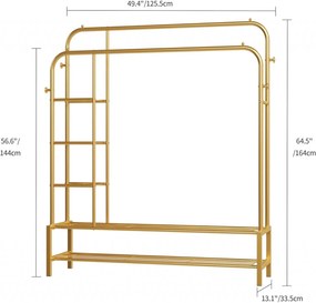 SUAU7 - Suport Haine dublu cu rafturi, 164 cm inaltime, pentru haine, dressing, dormitor - Auriu