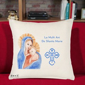 Cadou de Onomastica - Perna Personalizata Sfanta Marie Icoana Acuarela, 40x40 cm, Crem Reliefat, Husa Detasabila, Perna Inclusa, BEKZ®