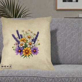 Perna Decorativa Lavanda Musetel si Flori Mov, 40x40 cm, Crem, Husa Detasabila, Perna Inclusa, BEKZ®