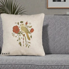 Perna Decorativa Pasare pe Ramura cu Maci, 40x40 cm, Bej Canapea, Husa Detasabila, Perna Inclusa, BEKZ®