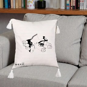 Perna Decorativa Ochi care Rup Suprafata, 40x40 cm, Bej cu Franjuri, Husa Detasabila, Perna Inclusa, BEKZ®