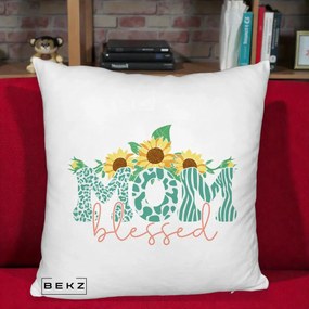 Cadou pentru Mama - Perna Personalizata Mom Blessed cu Floarea Soarelui Animal Print Teal, 40x40 cm, Alb Pufos, Husa Detasabila, Perna Inclusa, BEKZ®