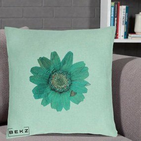 Perna Decorativa Floare Gerbera Teal Acuarela, 40x40 cm, Verde Menta, Husa Detasabila, Perna Inclusa, BEKZ®