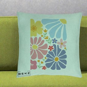 Perna Decorativa Flori Grafice Pastel Multicolor, 40x40 cm, Verde Menta, Husa Detasabila, Perna Inclusa, BEKZ®