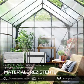 Outsunny Seră de Grădină, Seră din Policarbonat și Aluminiu cu Ușă Culisantă, Ventilație pe Acoperiș și Jgheab, 190x192x201 cm, Gri | Aosom Romania
