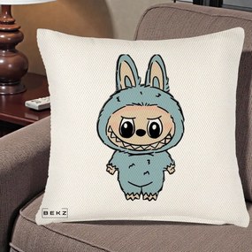 Perna Personalizata Labubu Albastru-Gri Solo, 40x40 cm, Crem Reliefat, Husa Detasabila, Perna Inclusa, BEKZ®