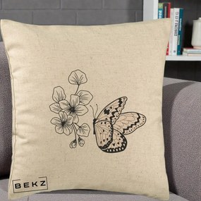 Perna Decorativa Fluture si Flori Linie Monocroma, 40x40 cm, Bej, Husa Detasabila, Perna Inclusa, BEKZ®