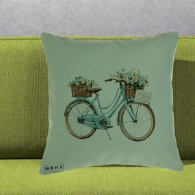 Perna Decorativa Bicicleta Teal cu Cosuri Duble de Flori Vintage, 40x40 cm, Verde, Husa Detasabila, Perna Inclusa, BEKZ®