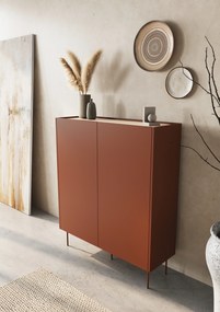 Comodă înaltă Desin 120 cm cu două uși și sertare ascunse - ceramic red / stejar nagano