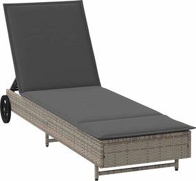 vidaXL Șezlong cu roți și pernă, gri, poliratan
