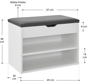 Suport pantofi cu capac rabatabil și șezut căptușit 60 x 30 x 44 cm alb