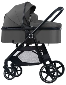 Carucior multifunctional transformabil 2 in 1 Kidizi Moveo gri, include saltea pentru landou si geanta pentru accesorii, cadru negru