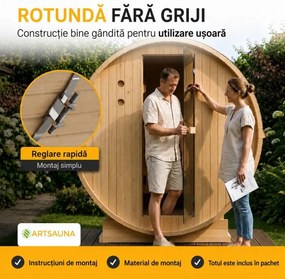 Saună butoi din lemn de molid, 6 kW, 191x193x180 cm, ușă st.