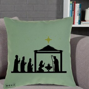 Perna Decorativa Nasterea Pruncului Silueta Neagra si Stea Aurie, 40x40 cm, Verde, Husa Detasabila, Perna Inclusa, BEKZ®