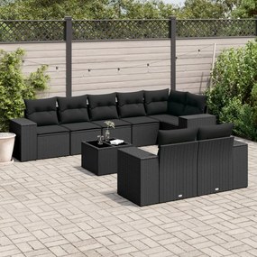 3255162 vidaXL Set mobilier de grădină cu perne, 9 piese, negru, poliratan