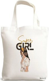 Sacosa de Panza pentru Cumparaturi, Geanta Tote, model Super Girl, 38x34.5 cm, Alba, BEKZ®