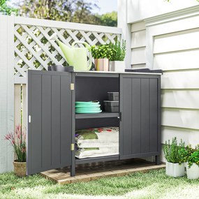Outsunny Dulap pentru Exterior din Lemn de Brad cu Blat de Lucru din Metal Zincat si 2 Rafturi pentru Scule, 98x48x95.5 cm, Gri | Aosom Romania
