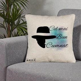 Cadou pentru Cumnat - Perna Personalizata Cel mai Bun Cumnat cu Silueta Palarie si Pete Teal-Roz, 40x40 cm, Bej Canapea, Husa Detasabila, Perna Inclusa, BEKZ®