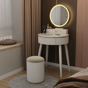 Masuta machiaj cu Oglinda LED si 1 Sertar pentru Cosmetice, Set Masa toaleta 60 cm, Alb, masuta vanity cu Riflaj, cosmetica - SEA459