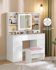 Masuta machiaj cu Oglinda LED si 9 Sertare pentru Cosmetice, Set Masa toaleta 110 cm, Alb, masuta cosmetica, vanity - SEA822
