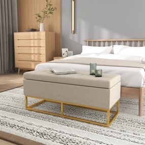 HOMCOM Bancă de Depozitare cu Șezut, Bancă Tapițată Dreptunghiulară, Taburet din Stofă de In cu Picioare de Oțel, 110x44x48 cm, Bej | Aosom Romania