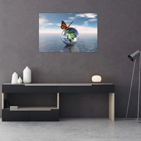 Tablou cu fluture pe bilă din sticlă (90x60 cm)