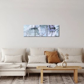 Tablou - Frescă florală pe un perete de cărămidă (cu ceas) (90x30 cm)