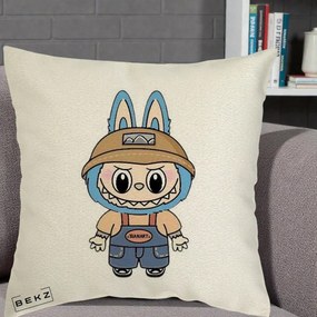 Perna Personalizata Labubu Toanart Blugi, 40x40 cm, Ecru, Husa Detasabila, Perna Inclusa, BEKZ®